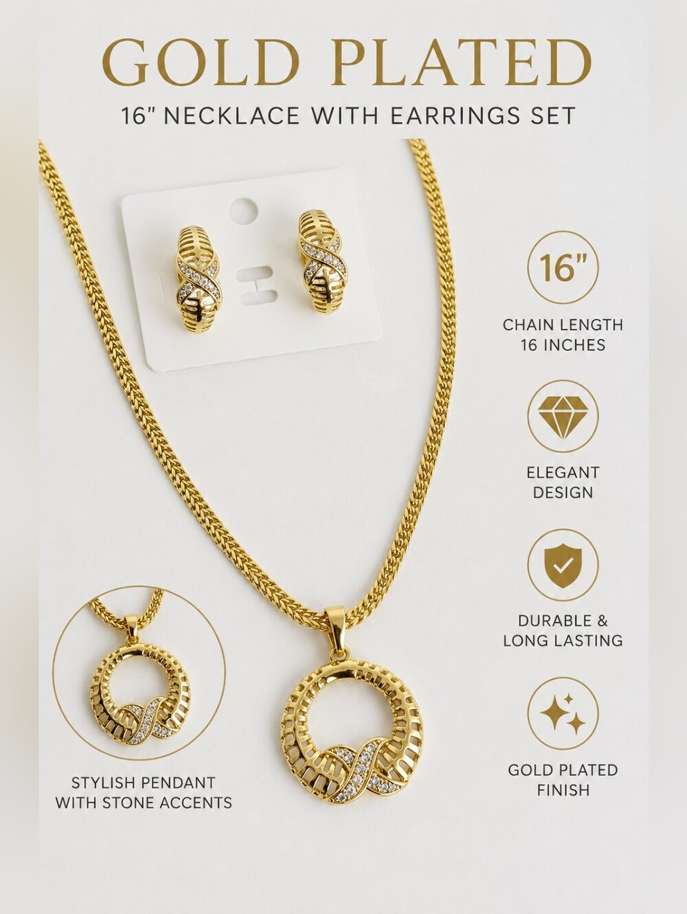 Gold Plated Necklace Earrings Set 16” CZ Circle Pendant Jewelry